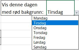 Figur 12: Bruk Validerings-menyen til å lage nedtrekksmeny med Mandag-Søndag 10.9.