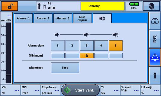 Alarmer Slik tester du alarmhøyttalerne og -indikatorene: 1. Trykk på. Skjermbildet Alarmer vises. 2. Trykk på. Skjermbildet Alarmvolum vises. 3. Trykk på Test for å teste alarmen.