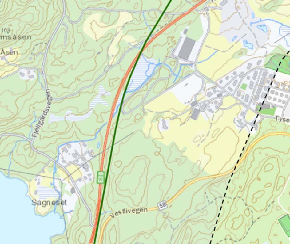 6 Verknader /arealkonsekvensar av planen I kommunedelplanen er veglinja lagt i ein 300 meter brei korridor. Denne korridoren er konsekvensutgreidd. Generell byggjegrense på 100 meter er lagt inn.