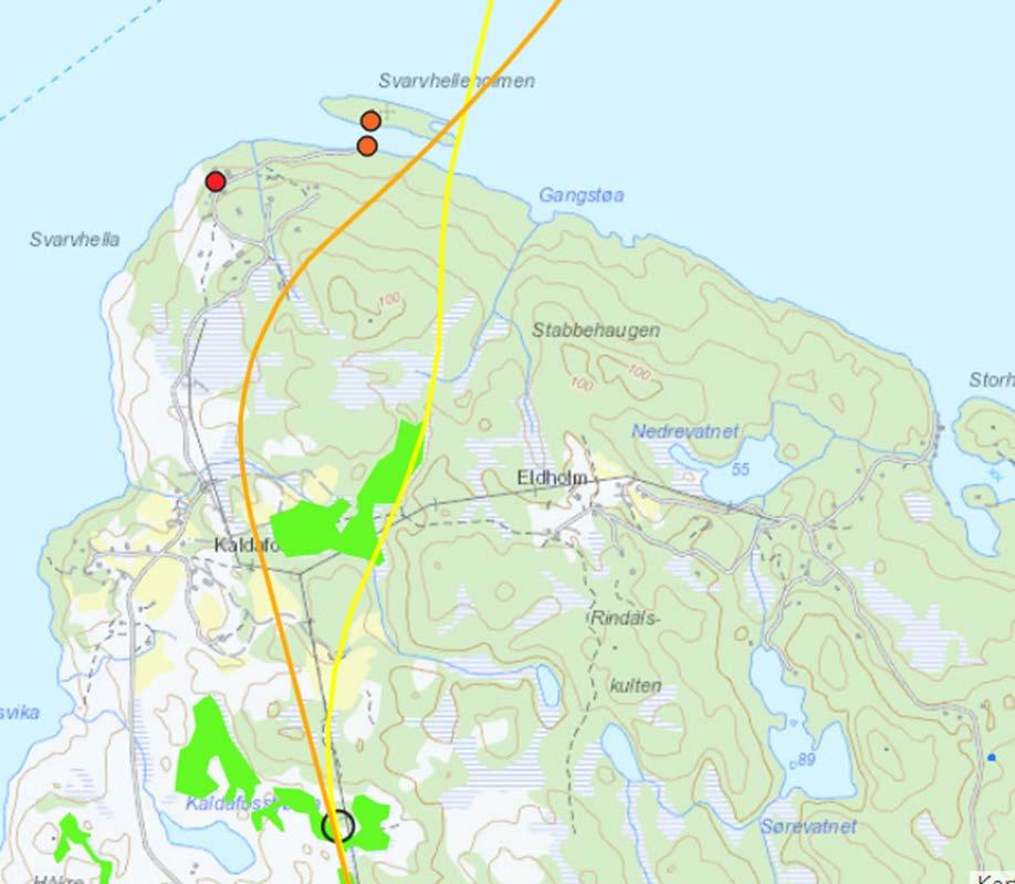 Figur 17 Veglinje med endeforankra flytebru (oransje linje) og sideforankra flytebru