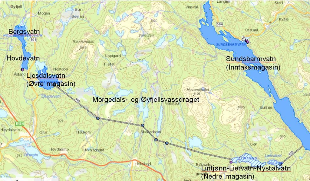 Haukombekken Kvernvassåi Selsvassbekken Mjåvassbekken Figur 2 Kartskisse viser hvordan vannet fra Morgedals- og Øyfjellvassdraget overføres via tunnelsystem til Sundsbarmvatn Den østre overføringen