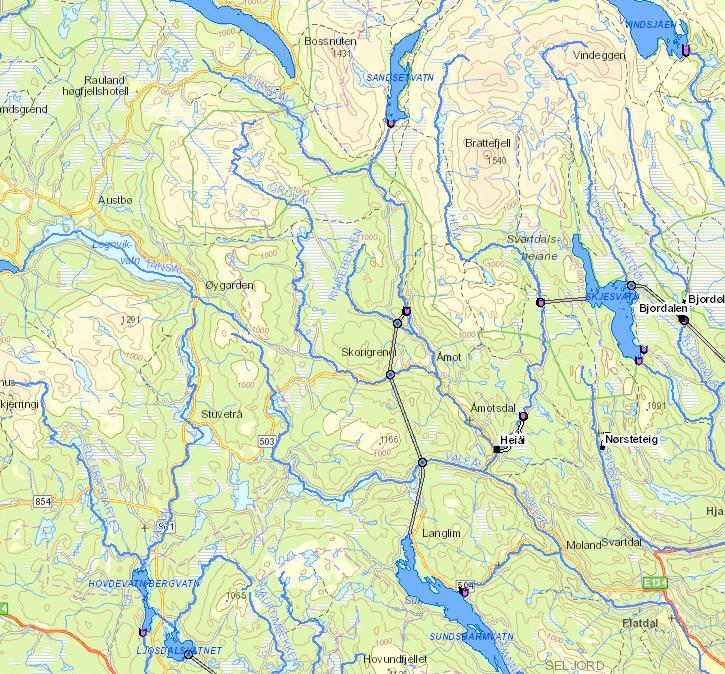 Sandsetvatn Rindebekken Bjåenåi Grovåi Åmotsdalsvassdraget Valeåi Sundsbarmvatn Figur 3 Kartskisse som viser hvordan vannet fra Sandsetvatn og Åmotsdalsvassdraget overføres via tunnelsystem til