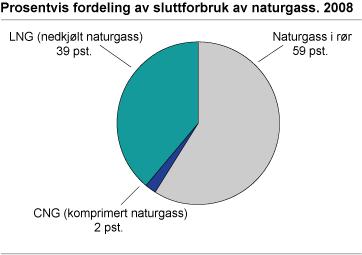 Side 17 av 83 Figuren under viser forholdet mellom forbruket av de ulike formene for naturgass, det vil si naturgass transportert i rør, LNG og CNG, i Norge i 2008.