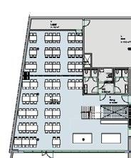 AUDITORIUM Luftig og flott kantine med en takhøyde på hele 3.4 m. Planutsnitt av kantine som viser auditoriumsoppsett.