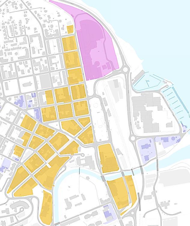 Figur 2 Gjøvik sentrum Illustrasjoner viser kommuneplanens arealdel med arealformål Sentrumsformål (brunt), Kjøpesenter (mørk lilla) og Forretningsformål (lys lilla) Storgata I Storgata er det stort