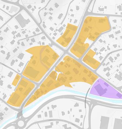Figur 4 Hunndalen sentrum Illustrasjoner viser kommuneplanens arealdel med arealformål Sentrumsformål (brunt), tjenesteyting (rødt), kombinert formål med forretning og næringsformål (mørk