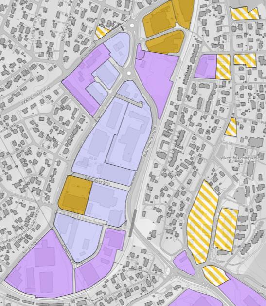 Figur 13 Områder for plasskrevende varehandel og storhandel (lys lilla) og næringsområder (mørk lilla) og kombinerte områder (gul skravur).