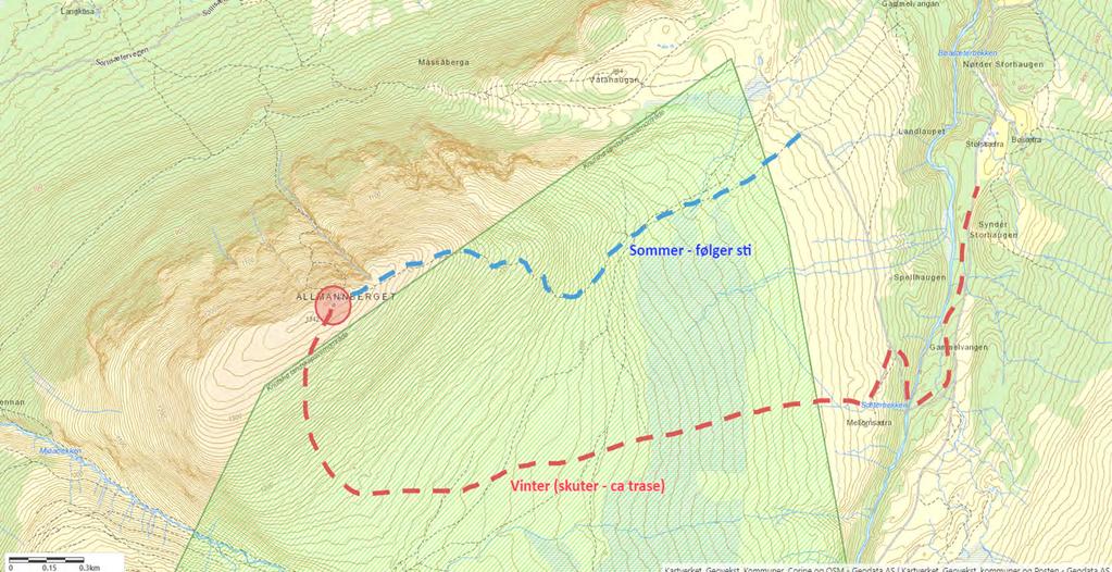 Adkomstveier til stasjonen på Allmannberget. Auna («Oppdal sentrum») like nord for NV hjørne. Landskapsvernområdet er skravert med grønt. I NORKRINGs adkomstbeskrivelse står følgende (ref.