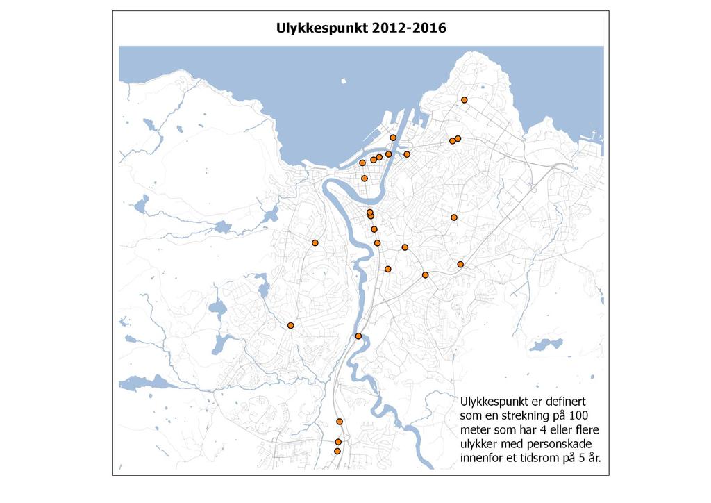 3.6. Geografisk fordeling av trafikkulykker Det finnes 25 definerte ulykkespunkter i Trondheim siste femårsperiode.