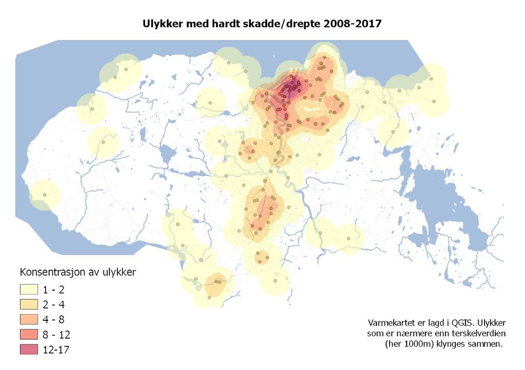 Ulykkene med drepte og hardt skadde er få statistisk sett, og de er også svært spredt ut over vegnettet.