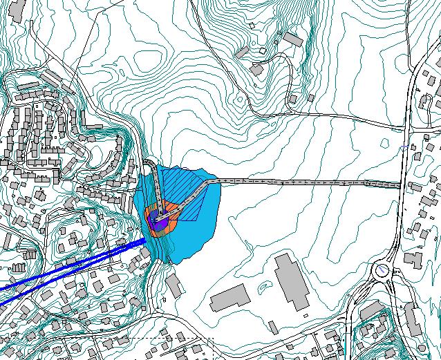 Boliger innenfor det lilla området utsettes for støy over veiledende grenseverdi på dag, boliger innenfor yttergrensen av det