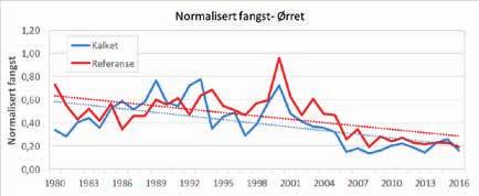 Kurvene viser at fram til slutten på 1990-tallet, da kalkingen startet i de fleste av de kalkede vassdragene, var den relativiserte fangsten høyere i referansevassdragene.