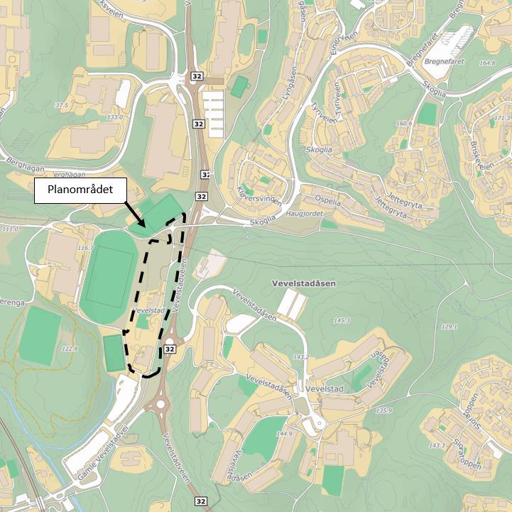 Planområdet omfatter gnr. 107, bnr. 1 og bnr 867, samt rundkjøringen Vevelstadveien X Vevelstadåsen.