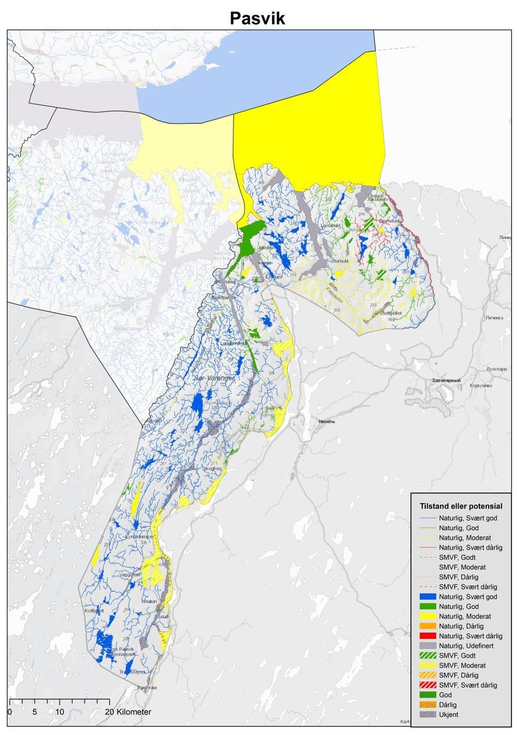 Kartet viser oversikt over økologisk tilstand og potensial for