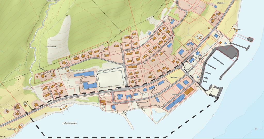 Grågårdsbukta. Figur 2: Avgrensning av planområdet 2.3 Områdebeskrivelse Hansnes er administrasjonssenteret i Karlsøy kommune og har nærmere 500 innbyggere.