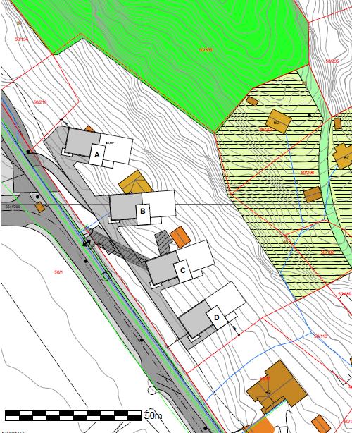 Effektene av planlagte tiltak for naturmiljøet Figur 5: Planskisse som viser de planlagte boliger og tilhørende infrastruktur på eiendommen (Boxs artiktekstudio AS) Det er planlagt fire store