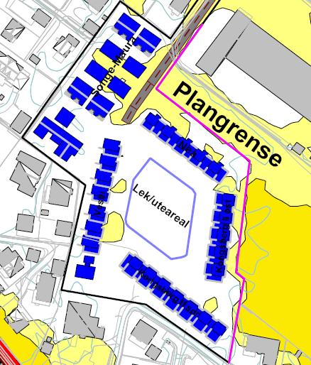 Utsnitt fra støyrapporten viser støysituasjonen i 2037 hhv. 1,5 meter og 4.0 meter over bakken. Grenseverdien for vegstøy er 55db. Lysegul område viser verdier mellom 55-60 db.