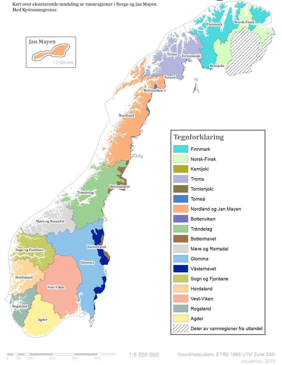 5 Vassregionen vår planområdet Norge er delt inn i 16 vassregionar, 11 med avrenning til norsk kyst og 5 med avrenning til Sverige eller Finland.
