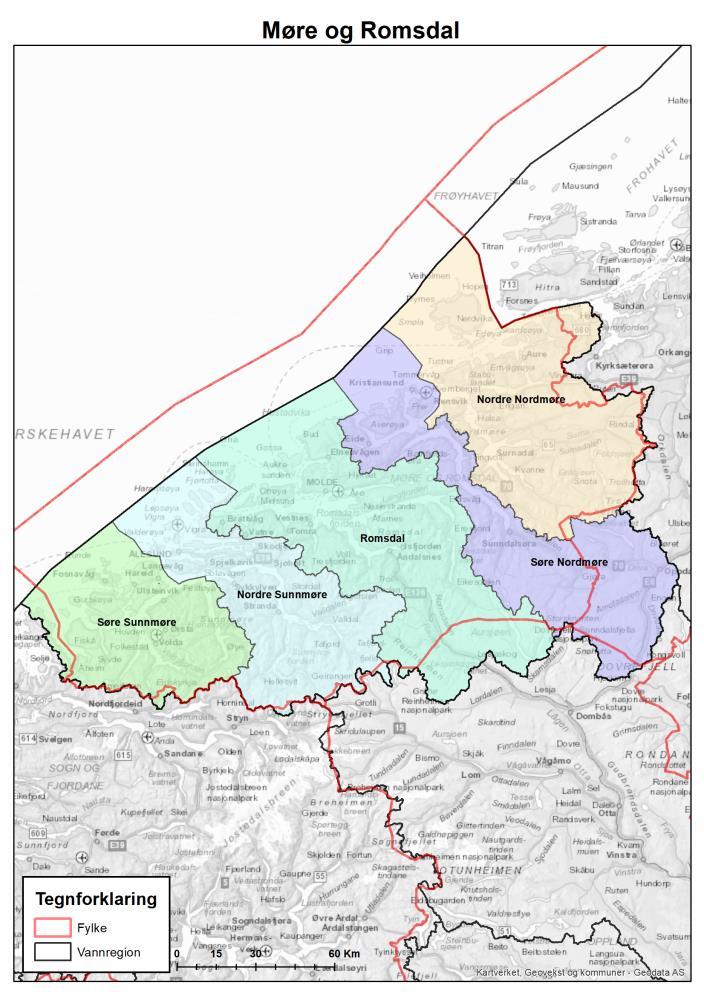 Figur 8. Møre og Romsdal vassregion med vassområder. Møre og Romsdal vassregion er delt inn i fem vassområder. Inndelinga er gjort med utgangspunkt i nedbørsfelt og ikkje administrative grenser.