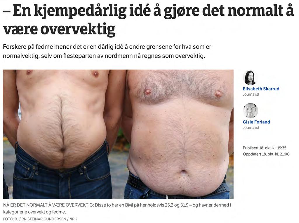 70% av den norske befolkning er nå overvektige Fra 70-tallet og frem til nå har nordmenn bare blitt større og større. Nå har det blitt så ille at 60-70% av befolkningen er å regne som overvektige.