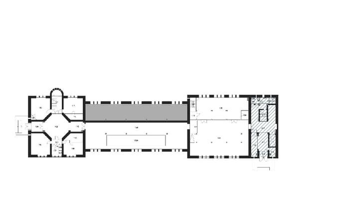 Side 16 Plantegning 1. etasje. Omfang interiørfredning er markert med blå skravur.