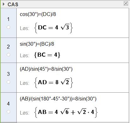 Oppgave (5 poeng) Gitt ABCD ovenfor. Lengden av diagonalen BD 8. Bruk CAS til å bestemme lengdene av sidene i firkanten eksakt. Vi ser at BCD er rettvinklet.