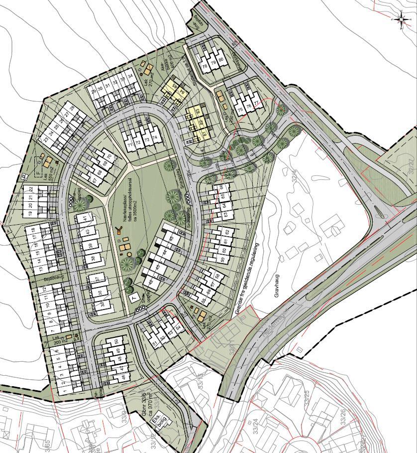 Utforming Planforslaget planlegger for fire delfelt, hvor feltene blir adskilt av de interne vegene i boligområdet.
