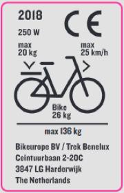 t EU EPAC ISO label, CE spesifikk til modell Klistremerke for ramme Sjekk rammen din etter et klistremerke som viser bruksforhold eller følgende Electrically Power Assisted Cycles (EPAC)