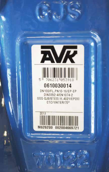 - ventil side 2 AVK logo EAN nummer Varenummer Dimensjon / trykklasse / coating Standard Støpemateriale /