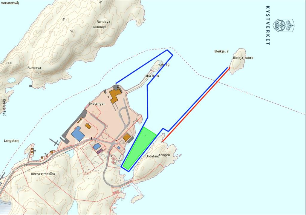 Figur 1.3 Kart over tiltaksområdet* *Rød strek angir ny molo, blå strek angir framtidig kailinje, mens grønt areal angir utdypingsområdet.
