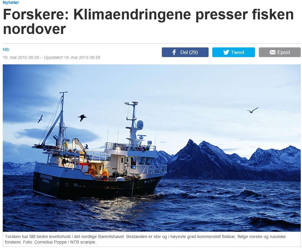 Klimaendringer påvirker fiskeindustrien Klimaendringer vil føre til fiskeforflytning.