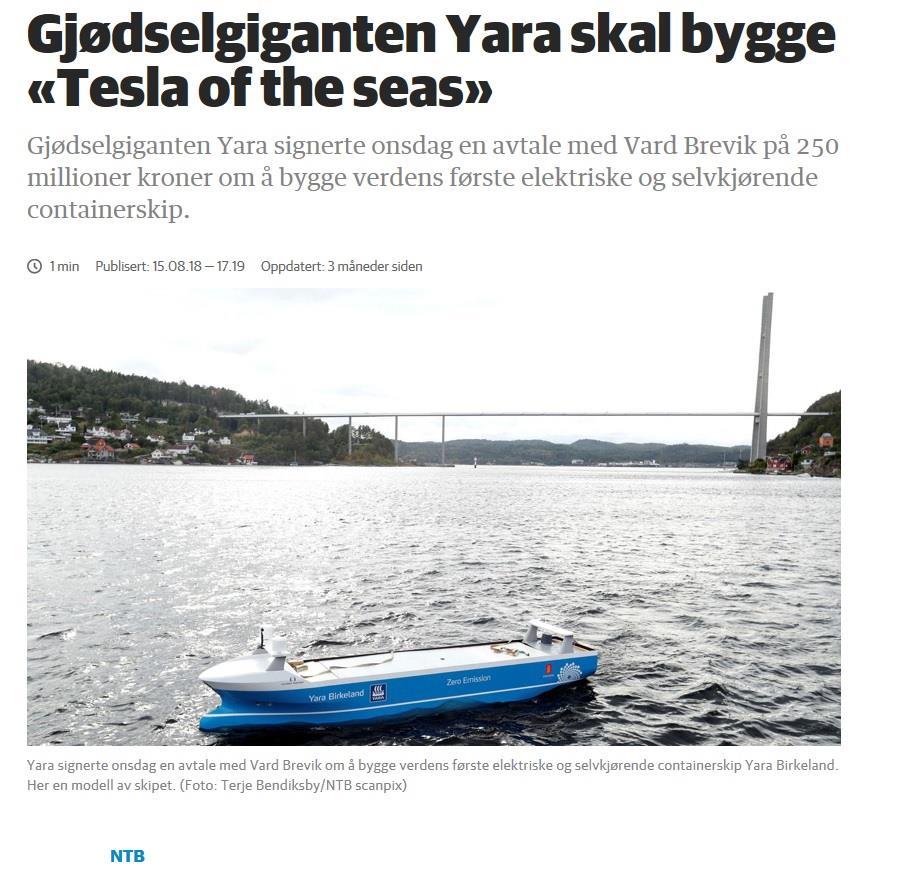 Verdens første elektriske, autonome containerskip er norsk Yara Birkeland vil