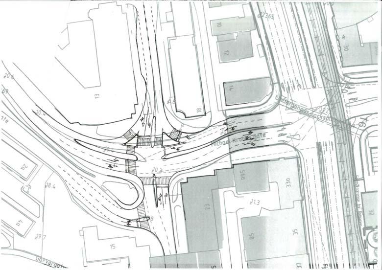 5.3.3. Alternativer 1. Signalregulert kryss Krysset Michael Krohns gate / Solheimsgaten kan utformes som et signalregulert kryss som vist på skissen nedenfor. Solheimsgaten (N) M.