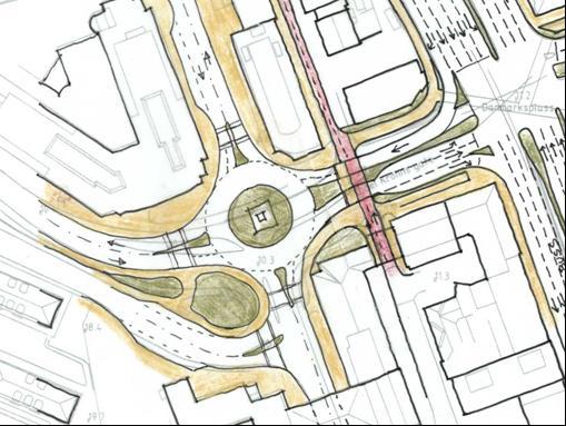 Fotgjengerkryssing er forutsatt å skje parallelt med grønntid for biler i de enkelte fasene. Det blir 4 lysfaser, hvorav 1 med konflikt mellom svingebevegelser (men lite trafikk), evt. 5 faser.