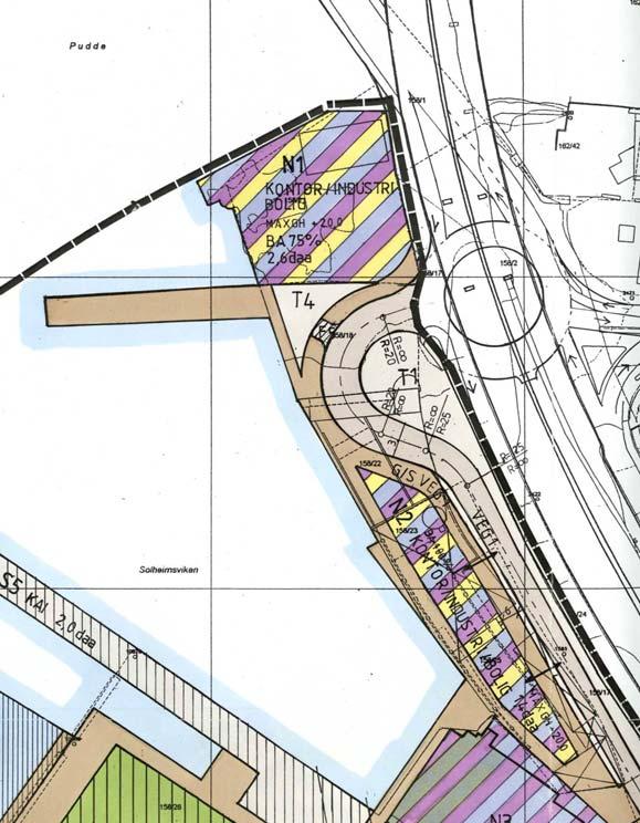 4. GJELDENDE PLANER 4.1. Reguleringsplan for Solheimsviken Næringspark Ny vei gjennom Solheimsviken er regulert i planen for Solheimsviken Næringspark, plan R.1.596.00.