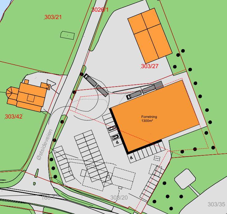 I henhold til tegning fra Handelsbygg er planlagt fotavtrykk for det nye bygget 1300 m 2. Figur 2 viser situasjonskart. Figur 2: Situasjonskart. 2 GEOTEKNISK PROSJEKTERING 2.