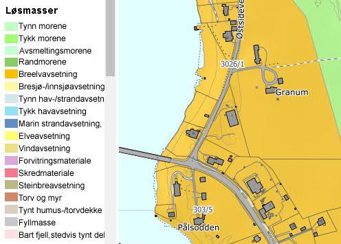 Figur 5: Løsmassekart fra NGU. Ca. 300 sør for borhull 3 ble det tatt opp en prøveserie ved borhull 2. Prøveserien viser sand med noe fingrus fra 0-5 m dybde.