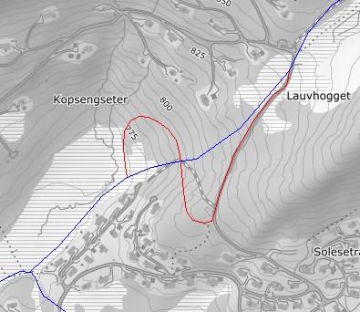 4. Kopsengseter Løypetraséen er i dag stedvis svært bratt. Det har blitt gjort utbedringer som har gjort at det er grei standard på løypene på den øverste delen av traséen mot Øvre Djupsjøløype.