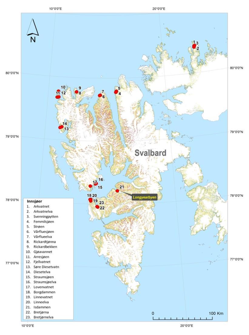 Vanntemperatur i en del innsjøer på Svalbard o C o C