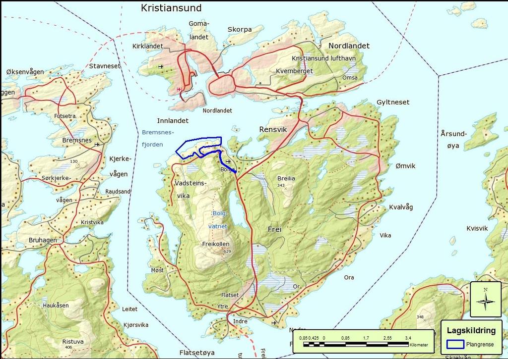 3. Området Figur 8. Oversiktskart over planområdet. Planområdet ligger på nordvestsiden av Freiøya i Kristiansund kommune og berører gbnr. 138/1 m.fl.