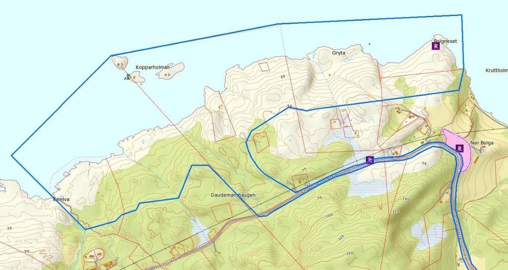 Området henvender seg mot Bremsnesfjorden i nordvest og Bolgsvaet i nord. Det er ingen naturlig avgrensning i sør, men plangrensen følger her 50-meterskoten omtrentlig. Figur 9.