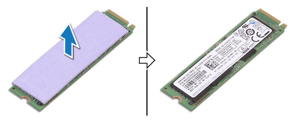 Sette inn M.2 SSD-disk SSD 1 Fest den termiske puten til M.2 SSD-disken. MERK: Den termiske puten gjelder bare for et PCIe SSD-kort. 2 Skyv M.2 SSD-disken i vinkel inn i SSD-disksporet.