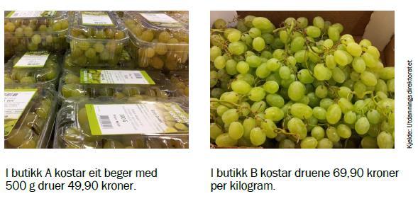 Eksamen MAT 1011 Matematikk 1P, Hausten 2012 Oppgåve 1 (2 poeng) Ein dag har butikk A dette tilbodet: Du skal kjøpe 1,5 kg druer. I kva for butikk lønner det seg å handle?