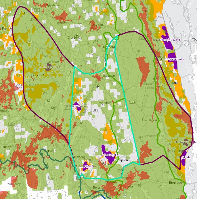 Nedenunder har fylkesrådmannen lagt de myke og harde eksklusjonene inn på kartet til regional vindkraftplan for Østfold. De harde eksklusjonene er vist med rødt og de myke med grønt.