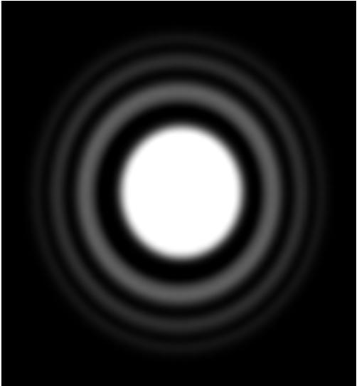 Punktspredningsprofil (PSF) 1 På grunn av diffraksjon vil en sirkulær linse avbilde en punktkilde som en lys flekk med mørke og lyse ringer rundt, der