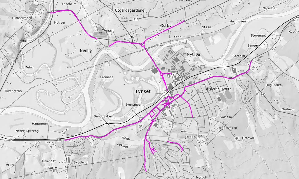 4.2 Gang- og sykkelvegnett Det finnes 14 km gang/sykkelveier langs de kommunale vegene. Langs Fv. 30 er det tilrettelagt 0,9 km gang- og sykkelveg fra Røroskrysset til Mellomriksveien.