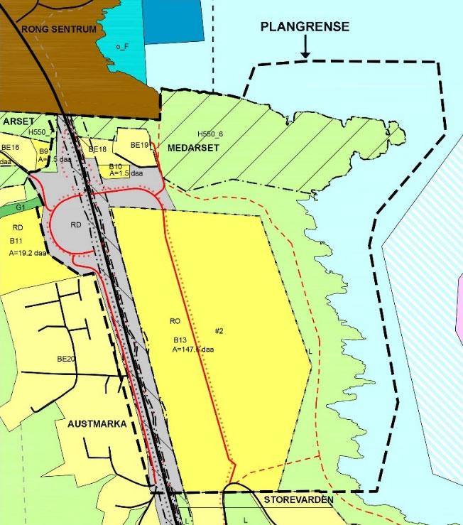 Figur 1: Utsnitt av KDP Rong med inntegnet plangrense for områdereguleringen. Området lå inne som LNFR område til 1. gangs behandling. Dette ble endret til bustadområde (felt B13) da planen ble 2.