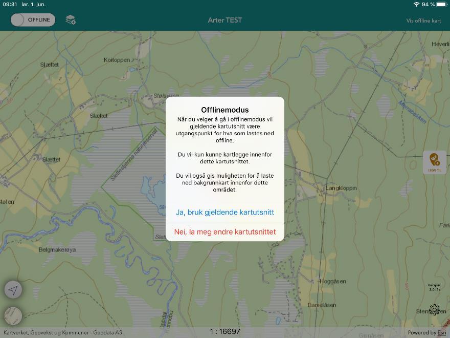 Vil du endre kartutsnittet, vil appen setje seg i online modus, slik at du kan justere. Når du er nøgd med kartutsnittet og stadfestar, går appen i offline modus. 4.1.