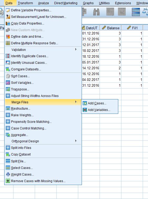 KOBLE SAMMEN TO DATAFILER - LEGGE TIL CASER Data > Merge Files > Add Cases Her har vi to muligheter,