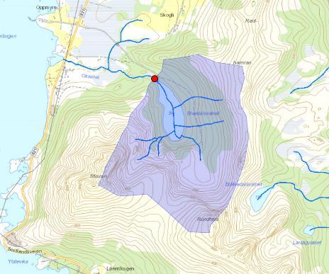 Hovedplan vann og avløp Vedlegg 1 - Beregning av kapasitet drikkevannskilder Stavdalsvannet Nedslagsfeltets areal: A = 2,42 km² Sjø: 5,37 % Midlere spesifikk avrenning: q = 61 l/(s x km²) Alminnelig